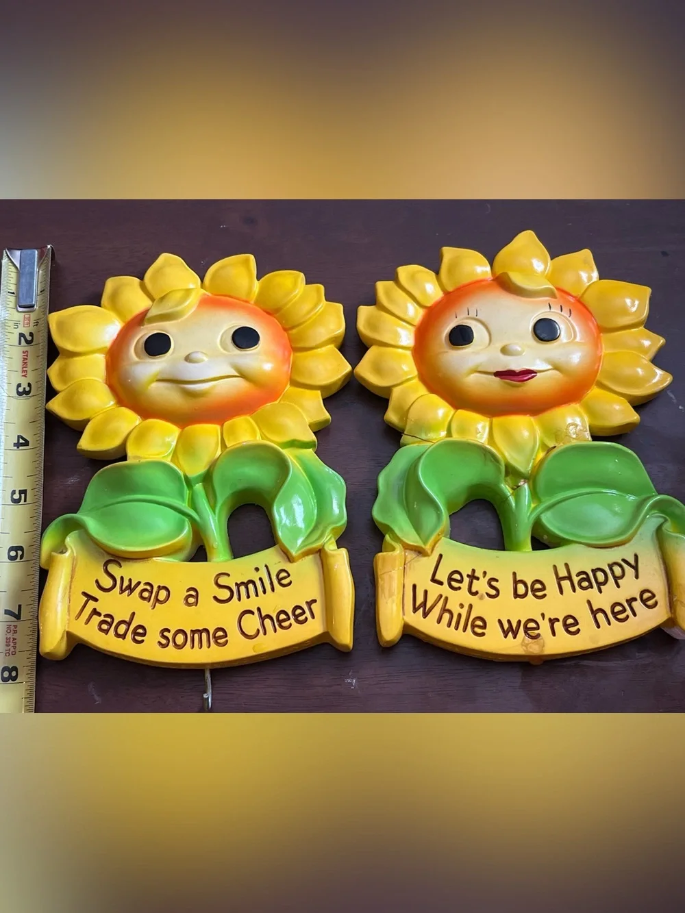 Sunflower Wall Plaque Pair - Yellow & Green Decorative Anthropomorphic *READ*